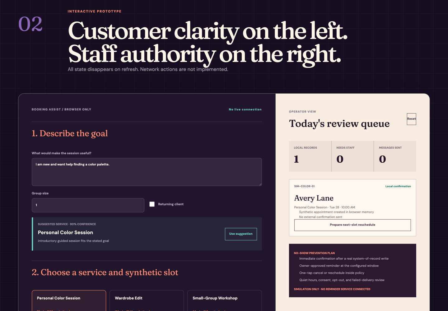 The appointment lab: a booking assistant suggesting a service at 90 percent confidence on the left, and a staff review queue with one local record on the right.
